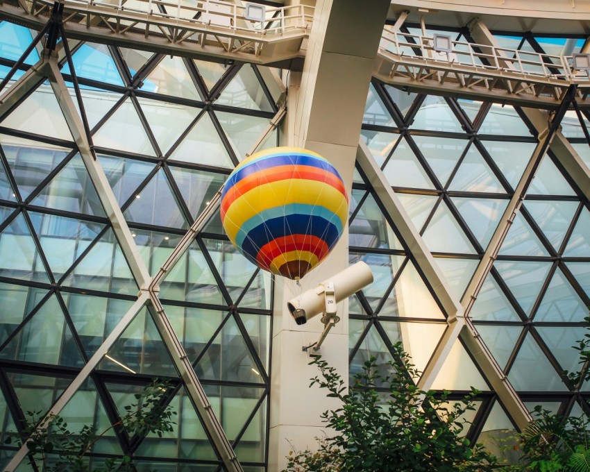 white blue yellow and red hot air balloon