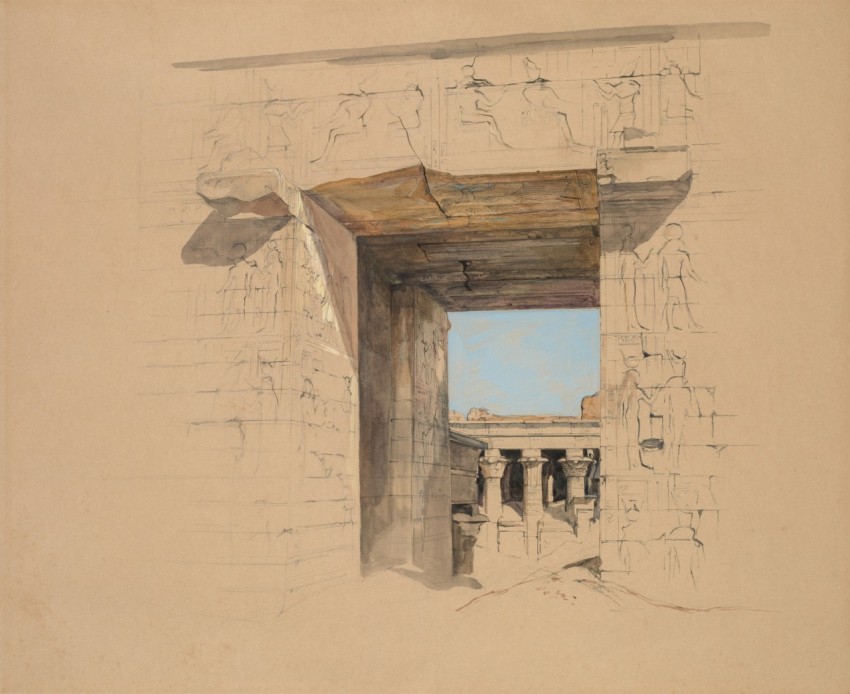 a drawing of a doorway with a view of a building