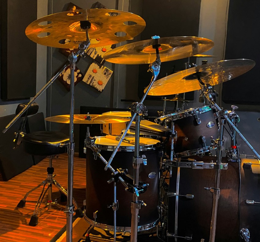 a drum set with a microphone