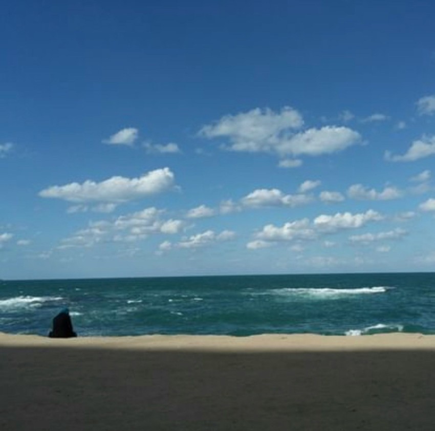 a person sitting on a beach looking out at the ocean