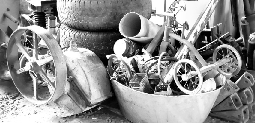 grayscale photo of trike near tires zKrDdoN