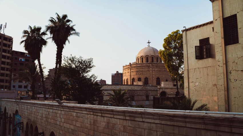 a view of a building with a dome and palm trees