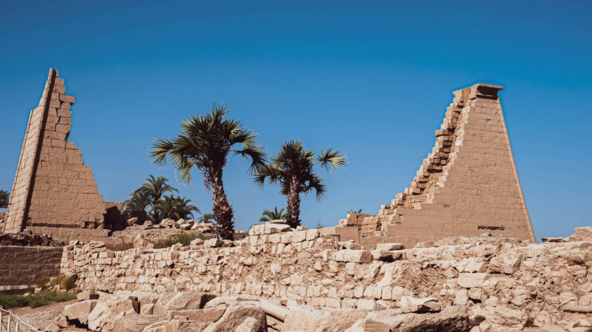 a group of pyramids with palm trees