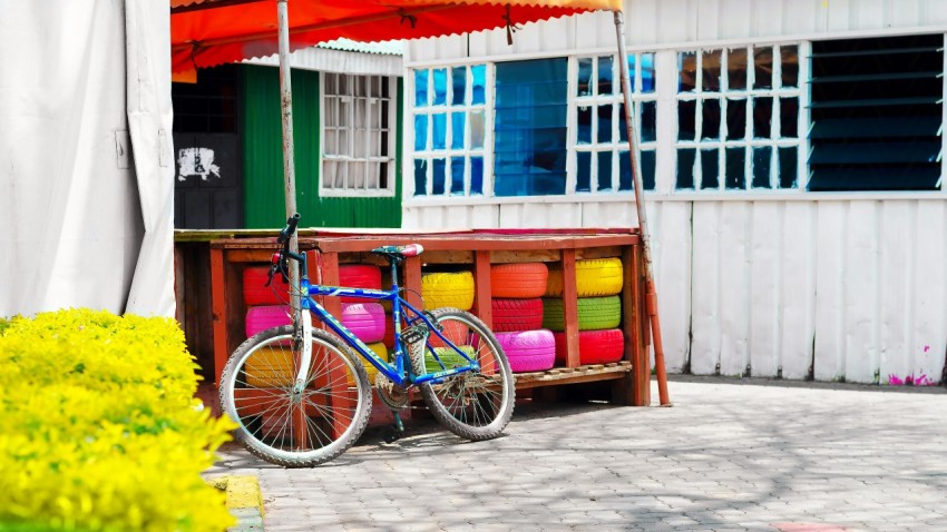 a bicycle parked outside a house