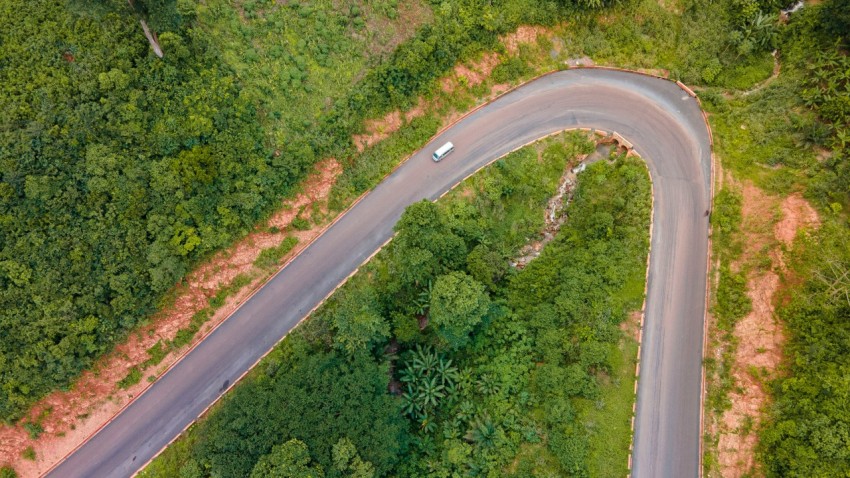 an aerial view of a winding road in the middle of a forest