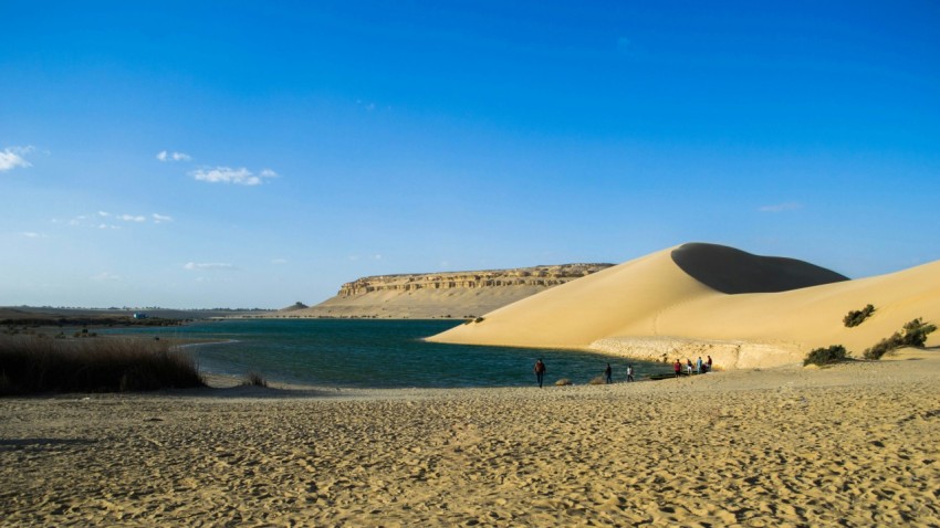 a group of people standing on top of a sandy beach aGAO