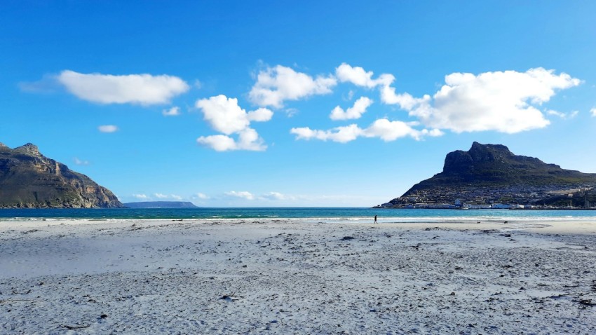 a beach with a mountain in the background