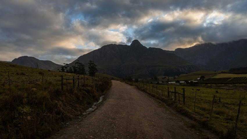 a dirt road with grass and mountains in the background