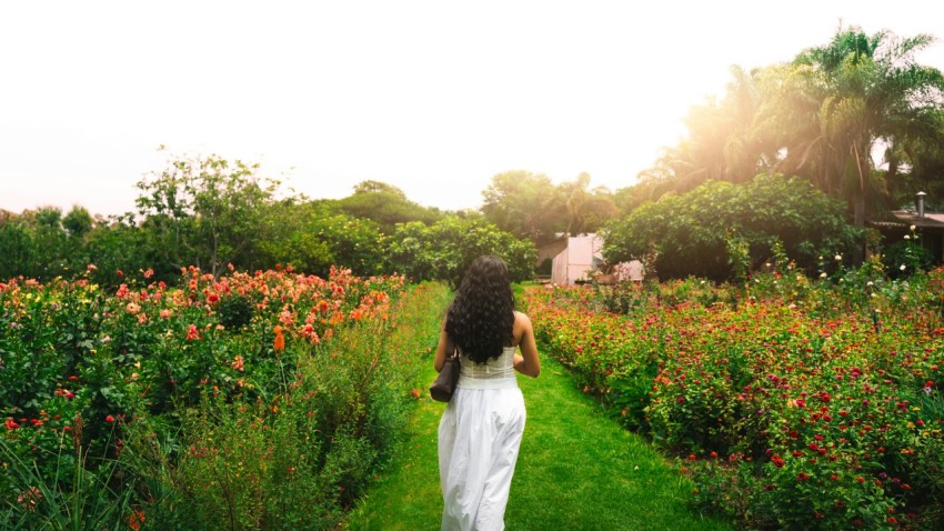 a woman walking through a lush green field