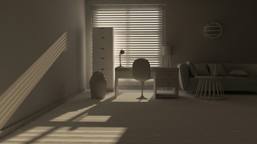 a room with a chair desk and a window with blinds