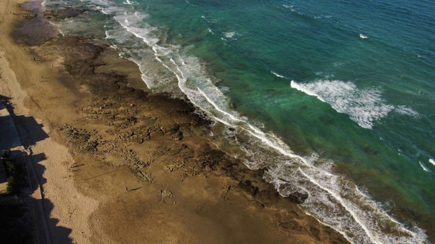 an aerial view of a beach and ocean YvrE