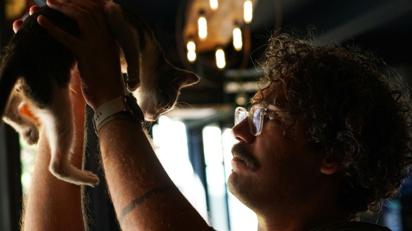 a man holding a cat up to the ceiling