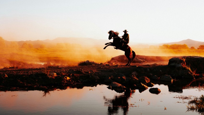 a man riding a horse across a puddle of water