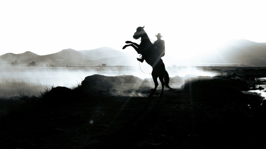 a black and white photo of a person riding a horse