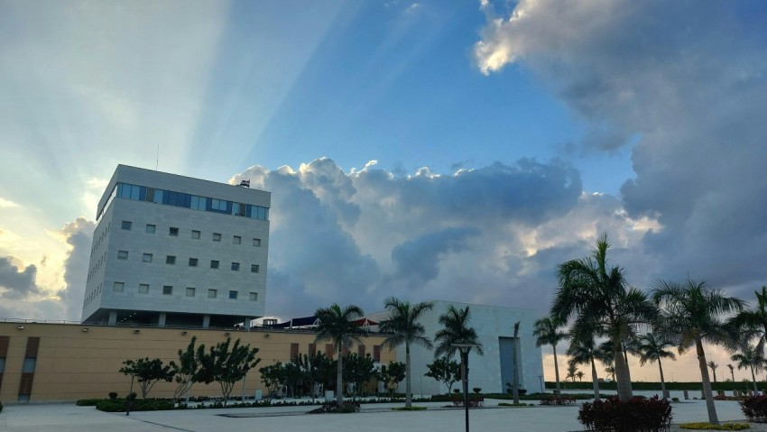 a building with palm trees and a beach in the background