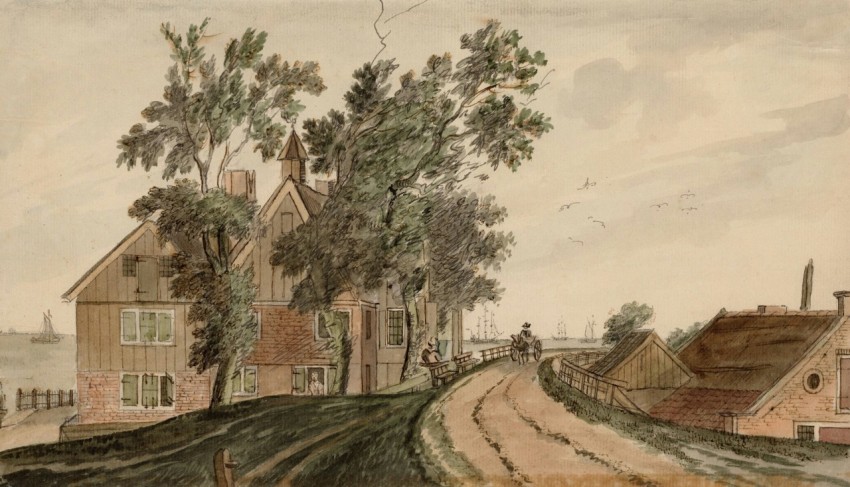 a drawing of a country road with a house in the background U0z