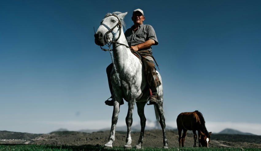 a man riding on the back of a white horse 8yx