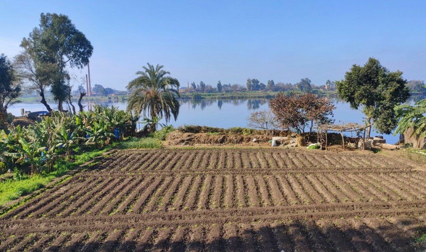 a plowed field in front of a body of water