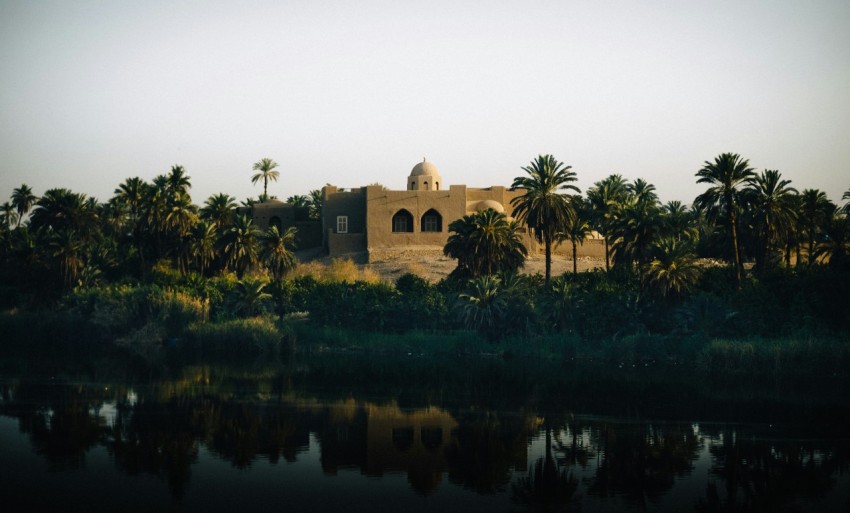 a building sitting on the side of a river surrounded by palm trees