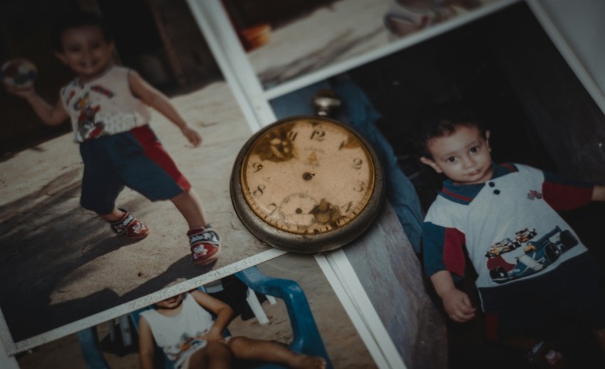 a collage of photos of a boy and a clock 2