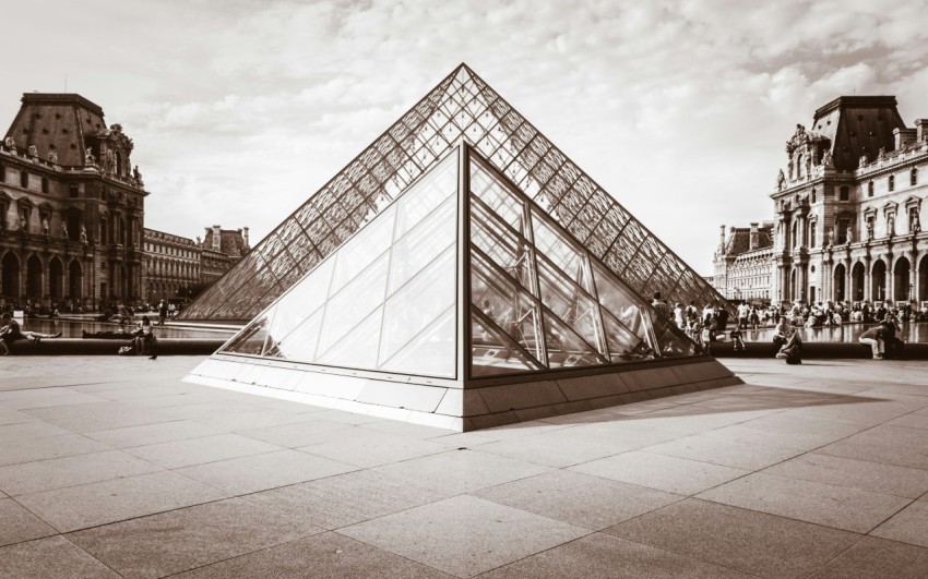 grayscale photo of louvre museum paris france