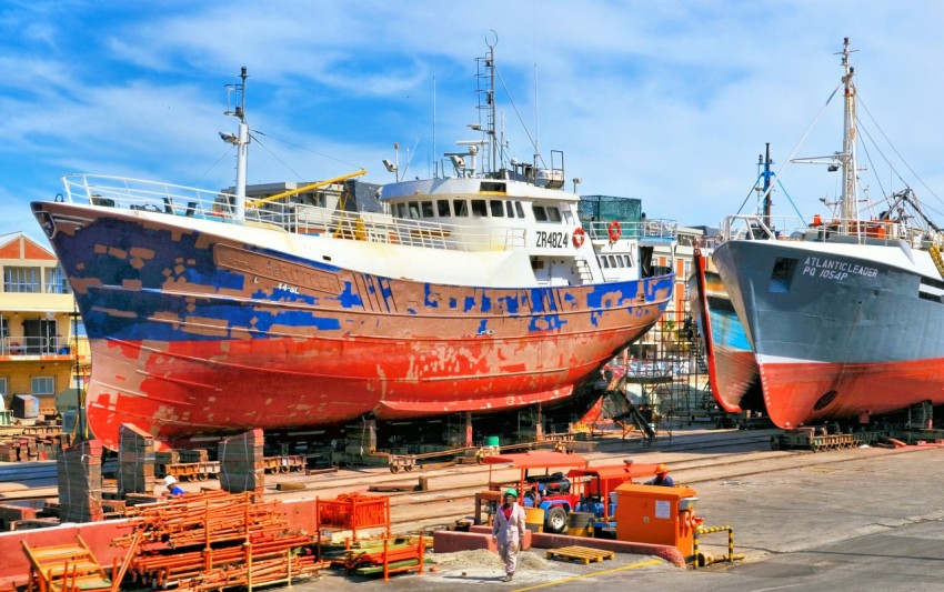 orange and blue ship