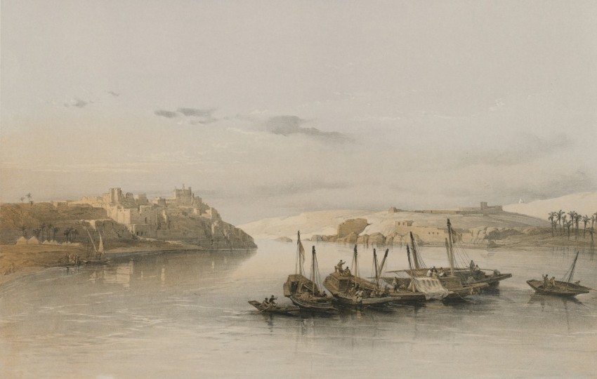 a painting of boats in the water with a castle in the background