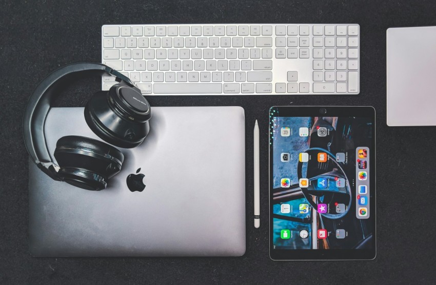 flat lay photography of silver apple products