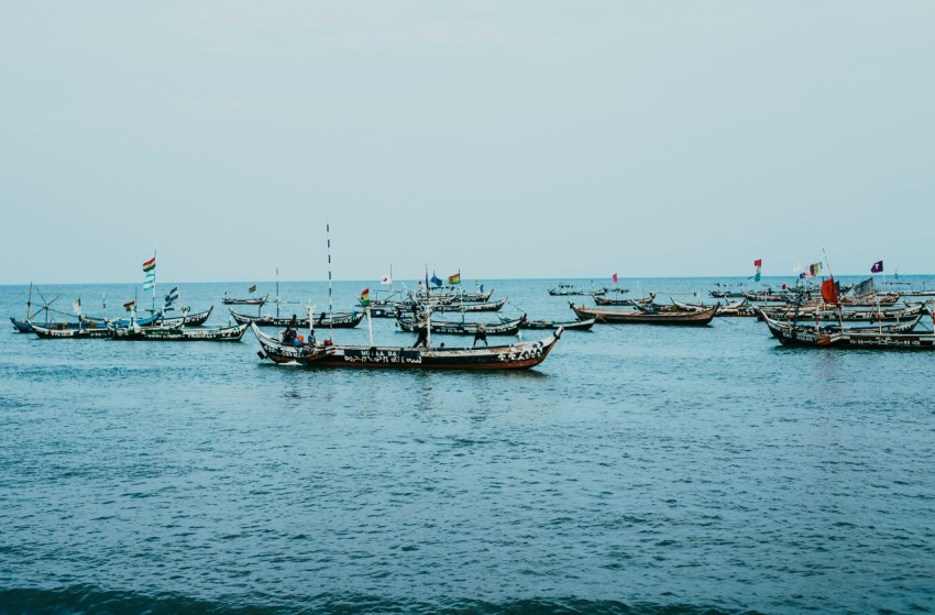 a group of boats sit in the water