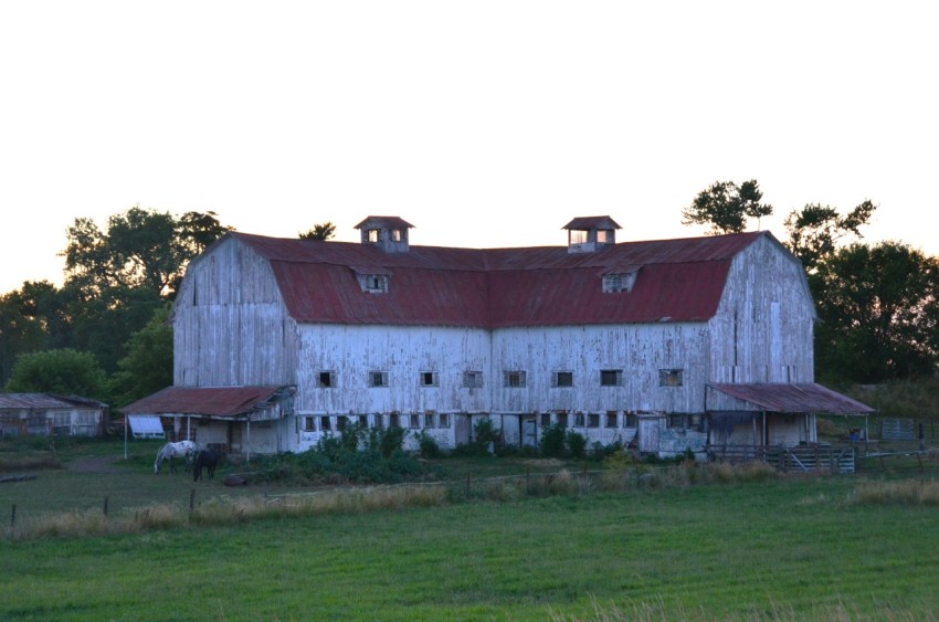 a large white barn sitting on top of a lush green field 7tYlcmEC