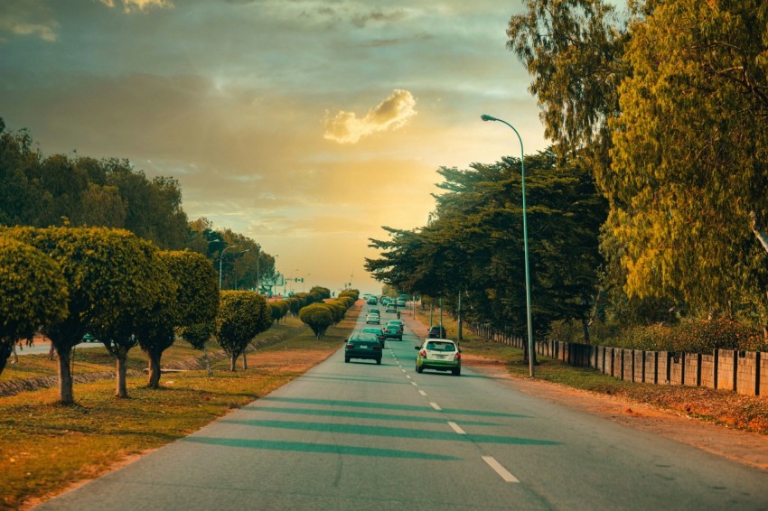 a car driving down a street next to trees