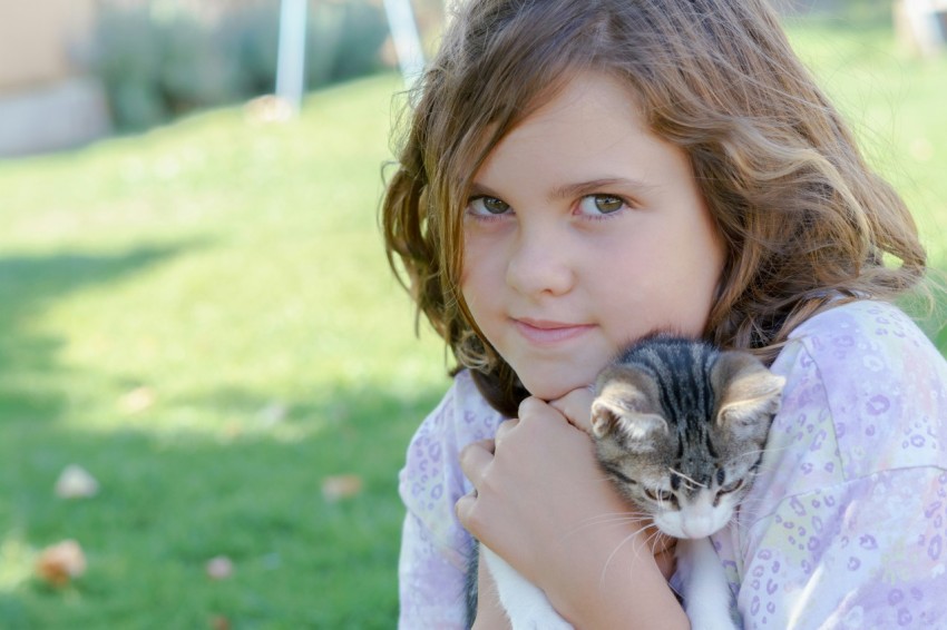 a little girl holding a kitten in her arms