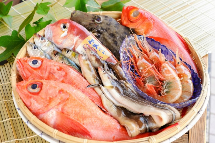 a bowl filled with different types of fish