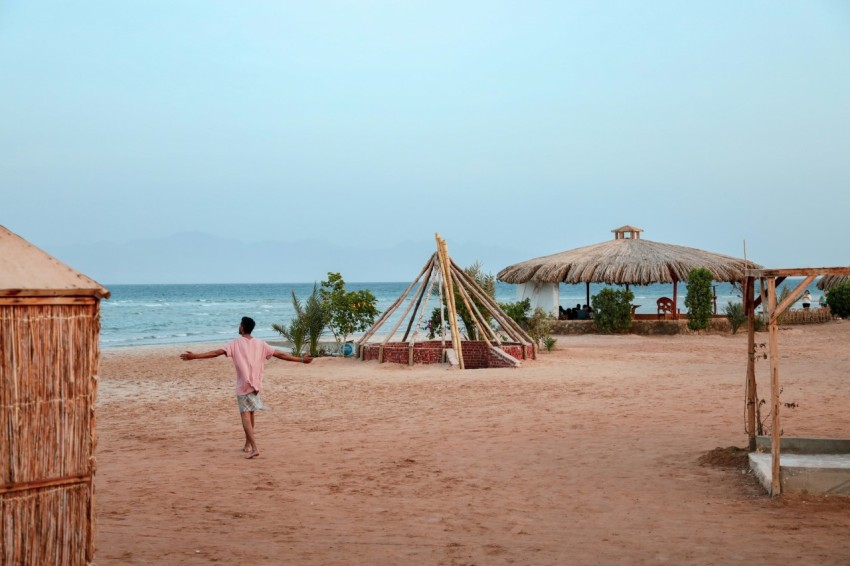 man wearing pink shirt walking on the seashore