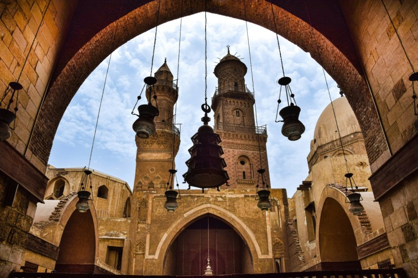 a view of a building through an archway