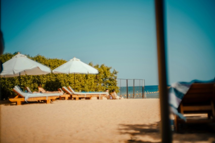 a beach with chairs and umbrellas