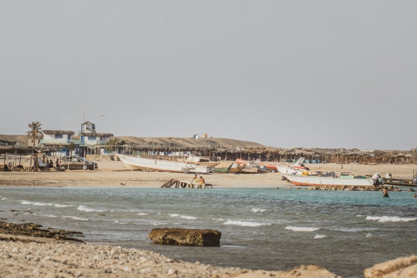 white and blue boat on sea shore during daytime