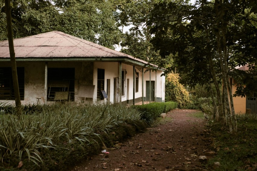 a house with a dirt path in front of it