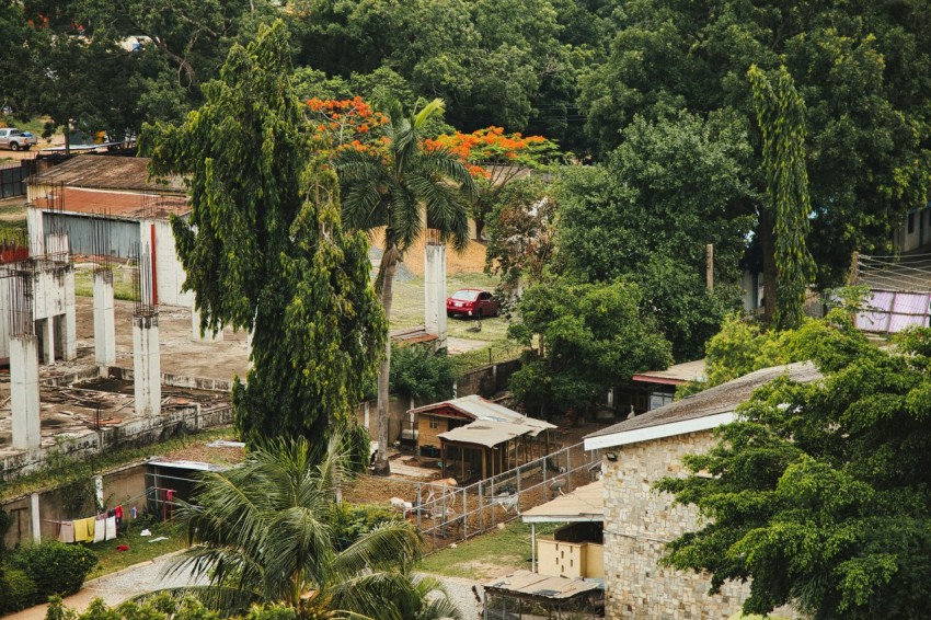 an aerial view of a small village with trees