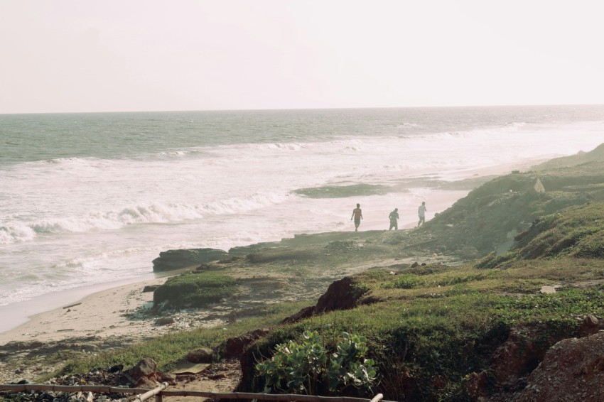 a group of people standing on a beach