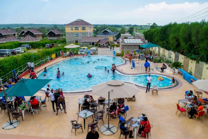 a group of people at a swimming pool