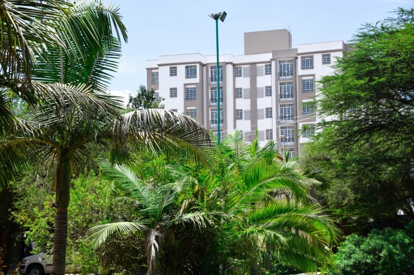 a building with palm trees in front of it e