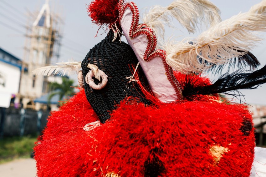 a close up of a carnival mask with feathers