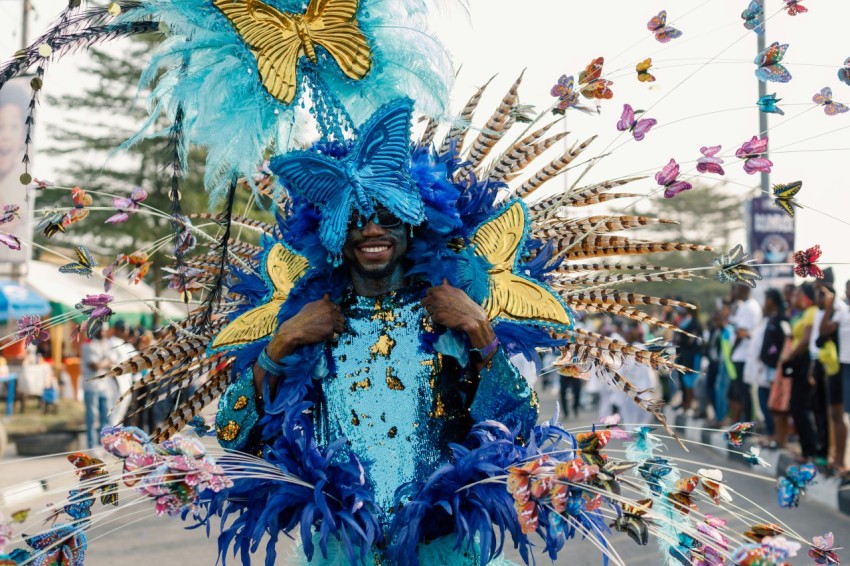 a man in a blue and gold costume