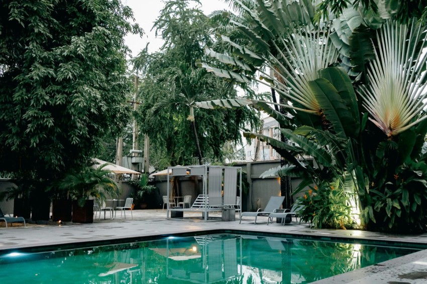 a swimming pool surrounded by trees and chairs