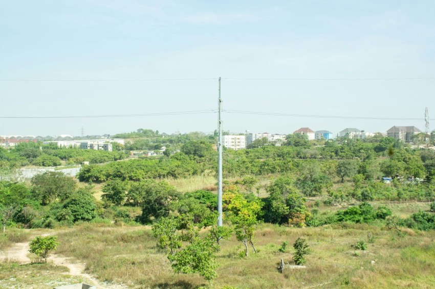 a field with trees and buildings in the background Pfd5