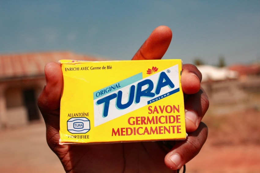 yellow and blue tura savon germicide medicamente box