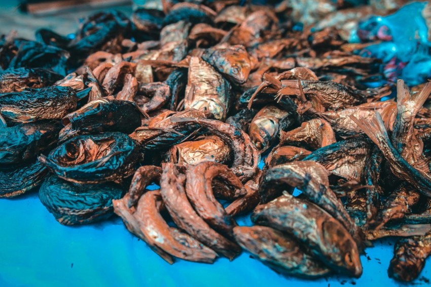 a pile of dried bananas sitting on top of a blue table 4i4y