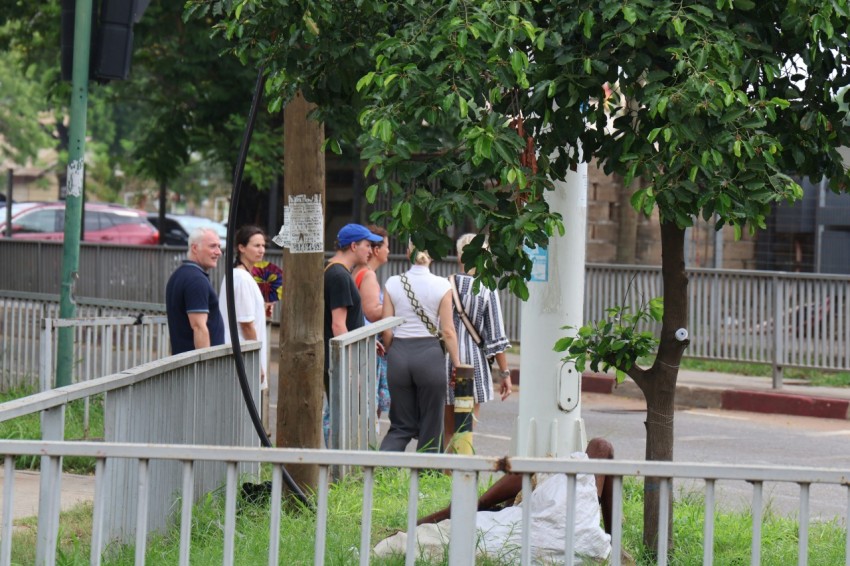 a group of people standing on a sidewalk next to a tree