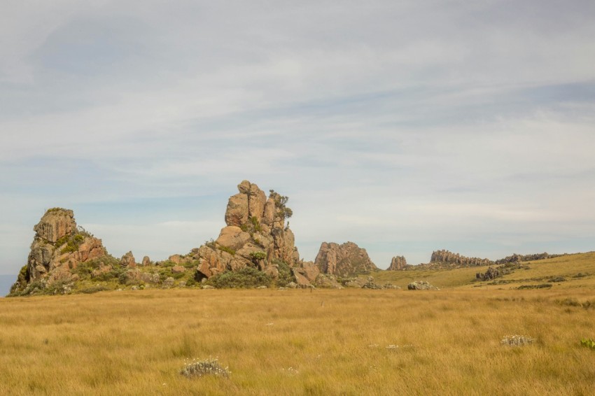 a grassy field with a rock formation in the distance 5P